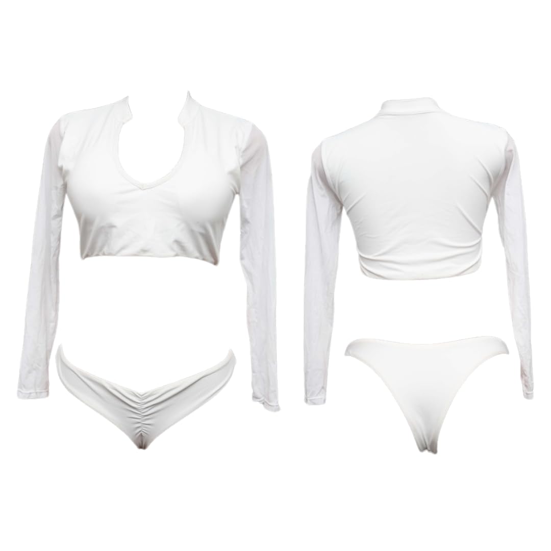 Long Sleeve Crop Top and High Waist Bikini, White