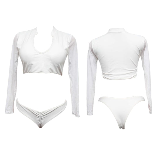 Long Sleeve Crop Top and High Waist Bikini, White