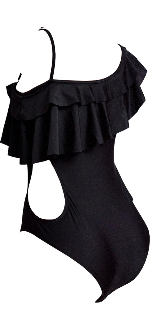 Women's One-Shoulder Ruffle Swimsuit, Black Monokini, Side Cutout Design