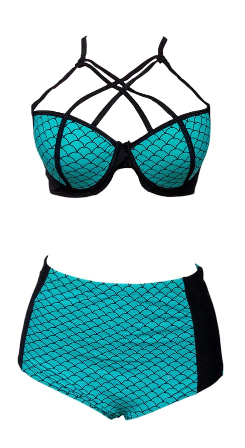 High-Waisted Mermaid Scale Bikini Set, Turquoise and Black, Strappy Top Design