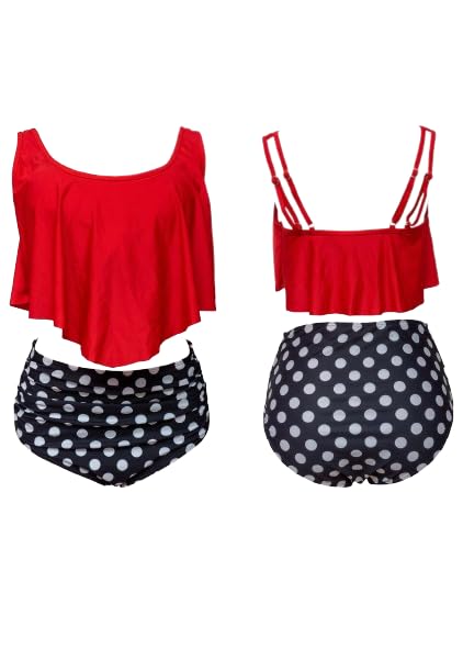 Women's Two-Piece Swimsuit, Red Ruffled Top with Polka Dot High-Waisted Bottom, Black and White