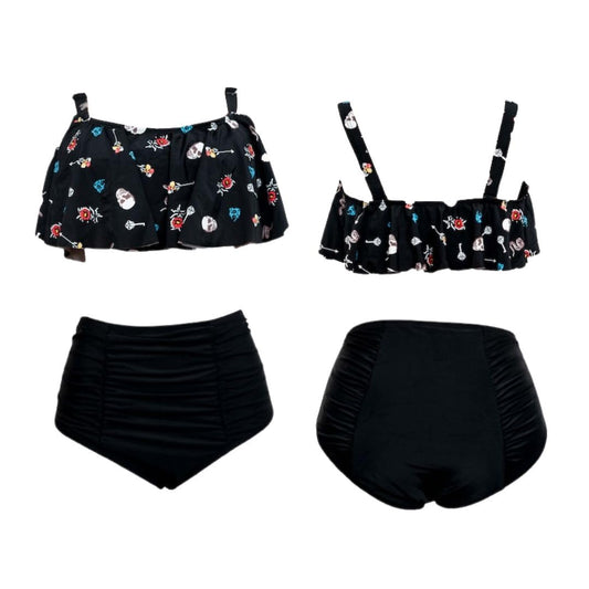 Skull & Arrow Print High-Waisted Bikini Set, Black