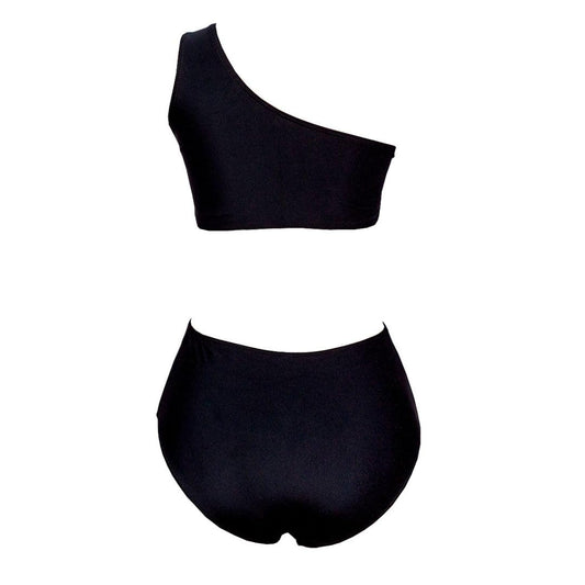 Black One Shoulder Lace Up Bikini with White Laces