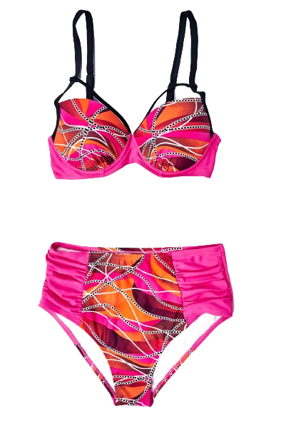 Pink Abstract Chains Print with Ruched Sides Bikini