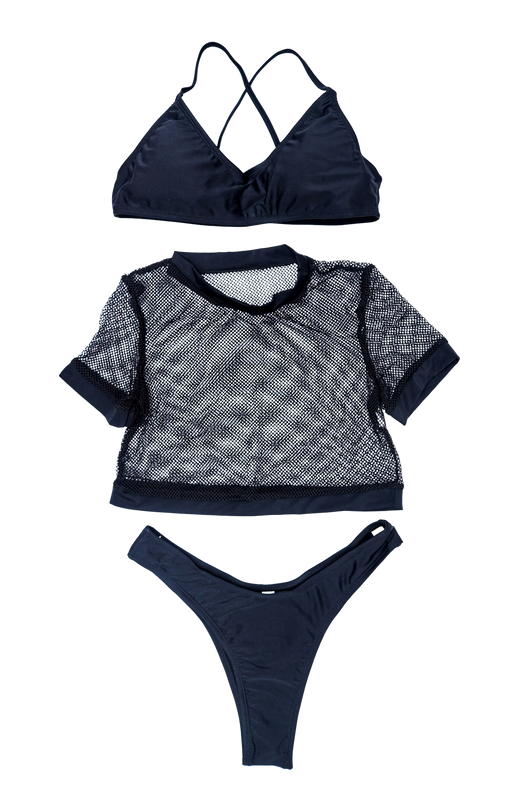 3-Piece Black Bikini + Fishnet Shirt Set