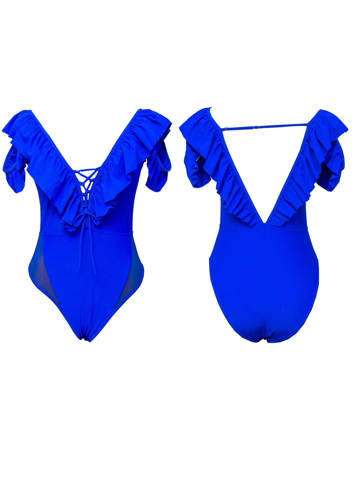 Blue Ruffle One-Piece Swimsuit with Lace-Up Front