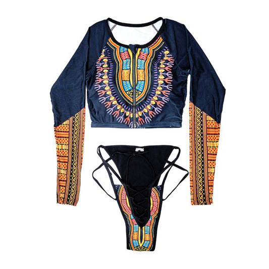 Boho African Inspired Dashiki Printed Long Sleeve Bikini Set, Black