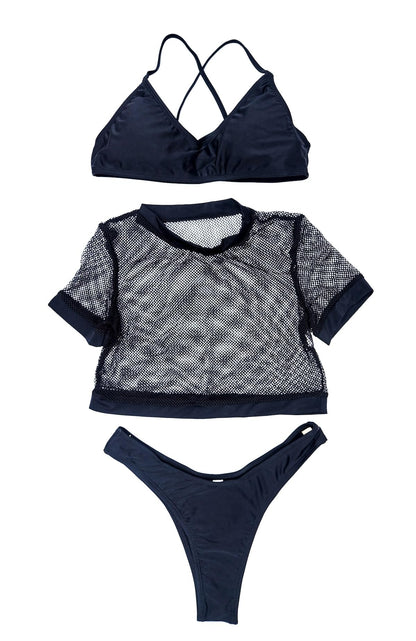 3-Piece Black Fishnet Bikini Set