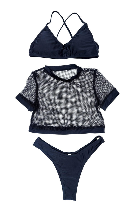 3-Piece Black Fishnet Bikini Set
