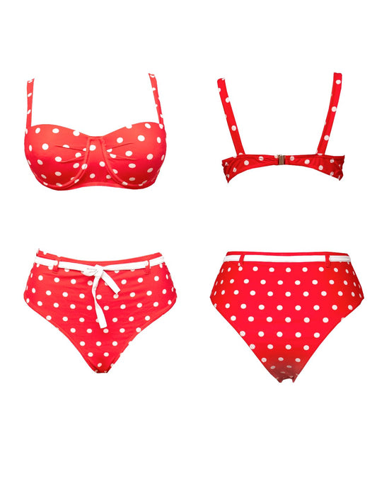 Red Polka Dot Bikini Set, Underwired Bra, High-Waisted Bottoms