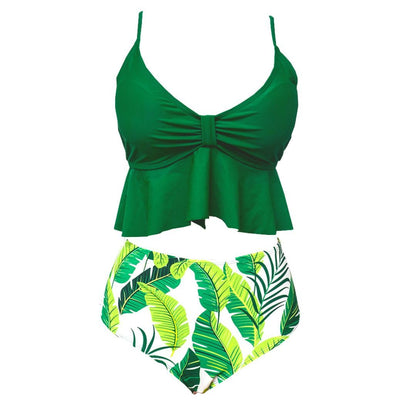 Green & White Leaf Print Tankini