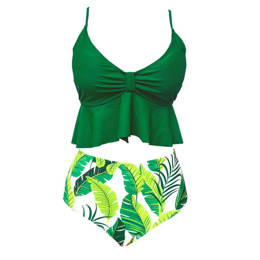Green & White Leaf Print Tankini