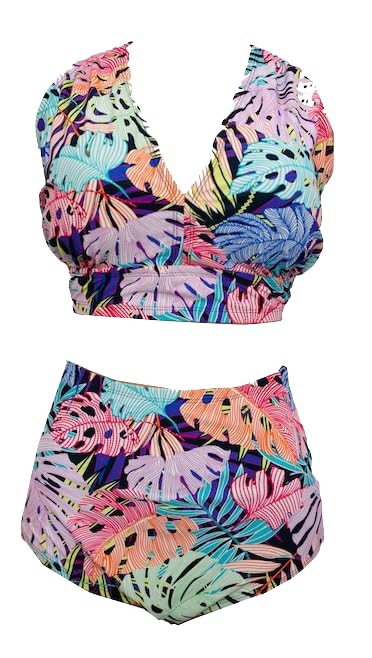 Tropical Leaf Print Two-Piece Swimsuit, High-Waisted Bikini Set, Multicolour Cross-Back Design