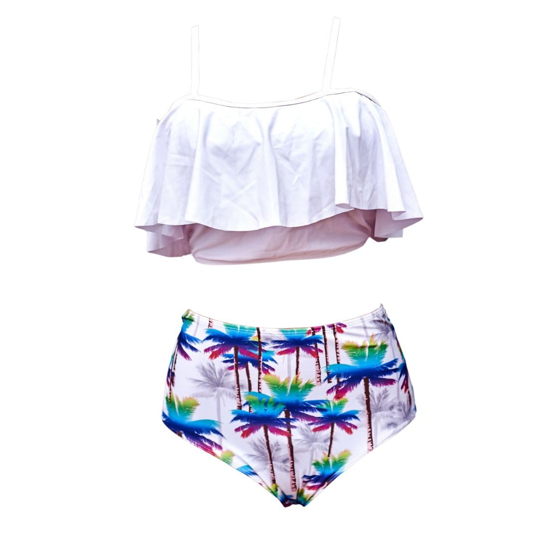 Two-Piece Palm Tree Print Bikini with White Ruffled Top,