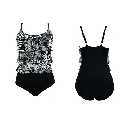 Abstract Palm Print Tankini with Ruffled Top and High-Waisted Bottoms, Black & White, 2-Piece Set