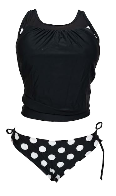 Women's Two-Piece Tankini Swimsuit, Black Top with Polka Dot Bottom, Side-Tie Design