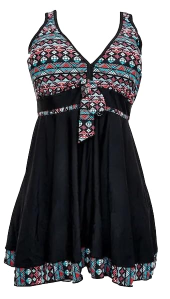 Women's Tribal Print Tankini Swimsuit, Black with Multicolour Pattern, Cutout Design, Strappy Back