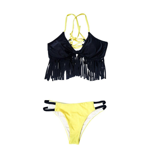 Fringed Black and Yellow Bikini, Halter Top with Tassels