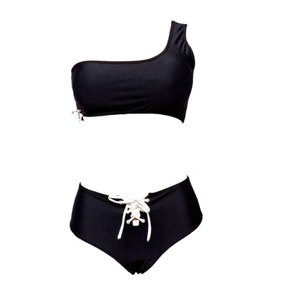 Black One Shoulder Lace Up Bikini with White Laces