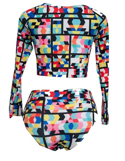 Women's Two-Piece Long Sleeve Swimsuit, Geometric Print, Multi-Colour Bandage Style Bikini Set