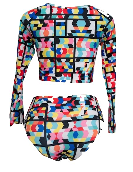 Women's Two-Piece Long Sleeve Swimsuit, Geometric Print, Multi-Colour Bandage Style Bikini Set