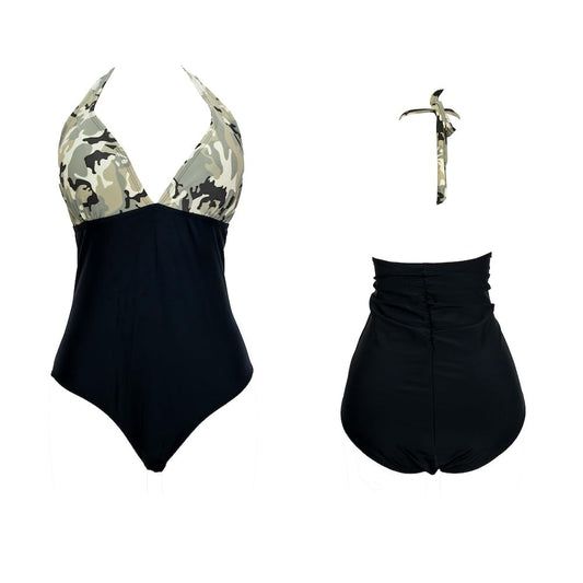 Camo Print Halter Neck One-Piece Swimsuit with Black Bottoms