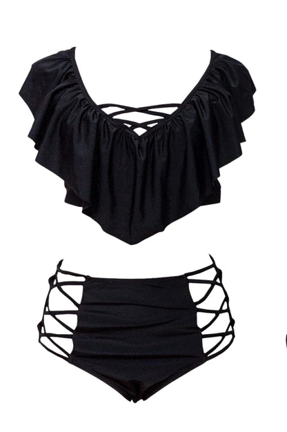 High-Waisted Bikini Set with Ruffled Top and Ladder Cutout Bottoms, Black