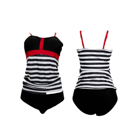 Black and White Striped Tankini Modest Swimsuit, 2-Piece Set XL