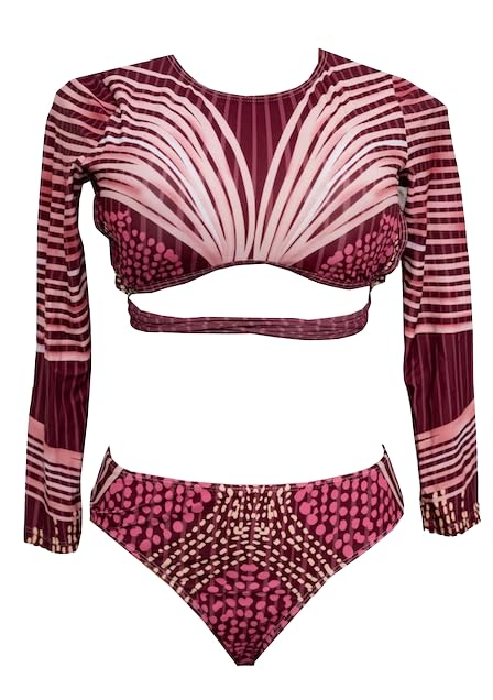Two-Piece Long Sleeve Swimsuit, Brown and Pink Striped Pattern with Dotted Design, High-Waist Bottom
