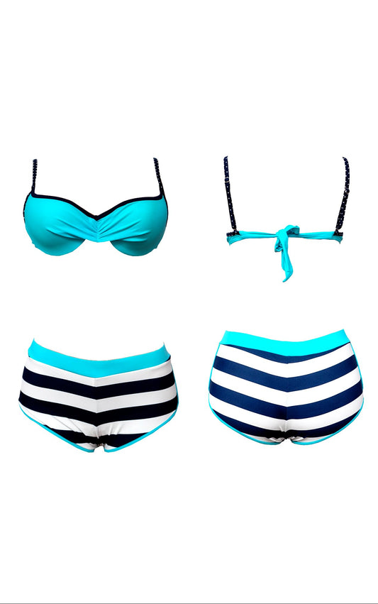 3 Piece Striped Bikini Set, Blue and Black, Includes Bikini Top, Bottoms, and Shorts