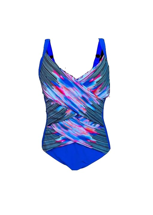 Women's Crossover One-Piece Swimsuit, Pink with Blue Pattern, Lined