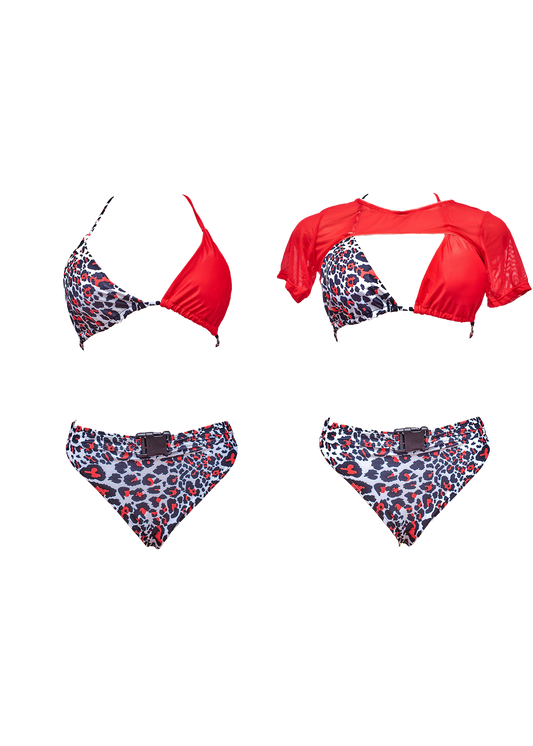 3 Piece Red Leopard Print Bikini + Shirt Set