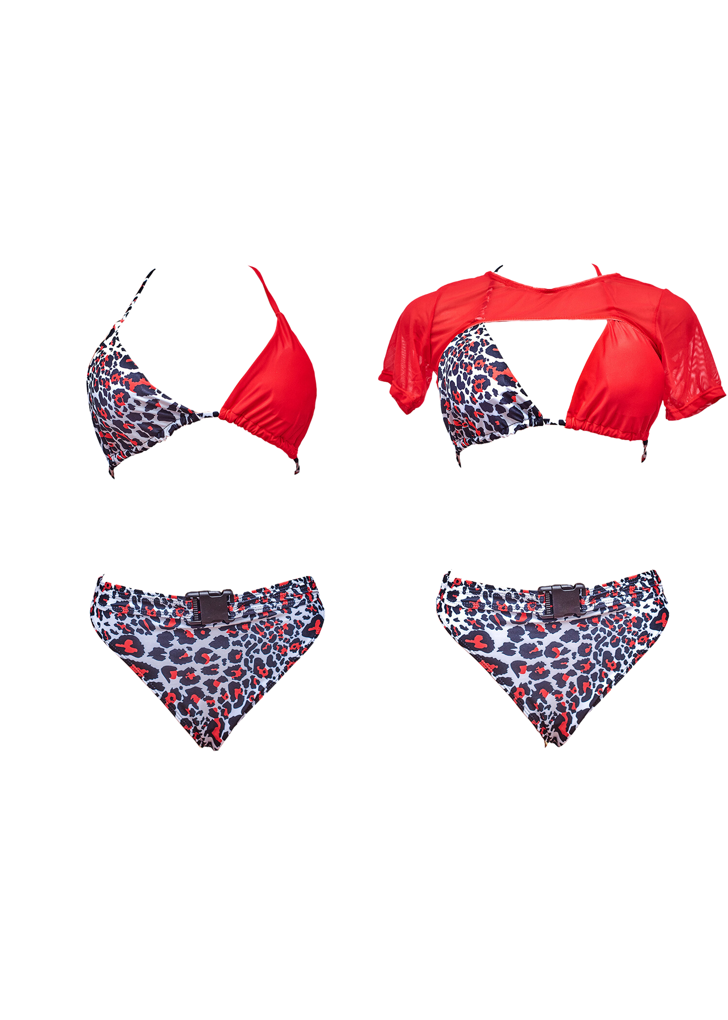 3 Piece Red Leopard Print Bikini + Shirt Set