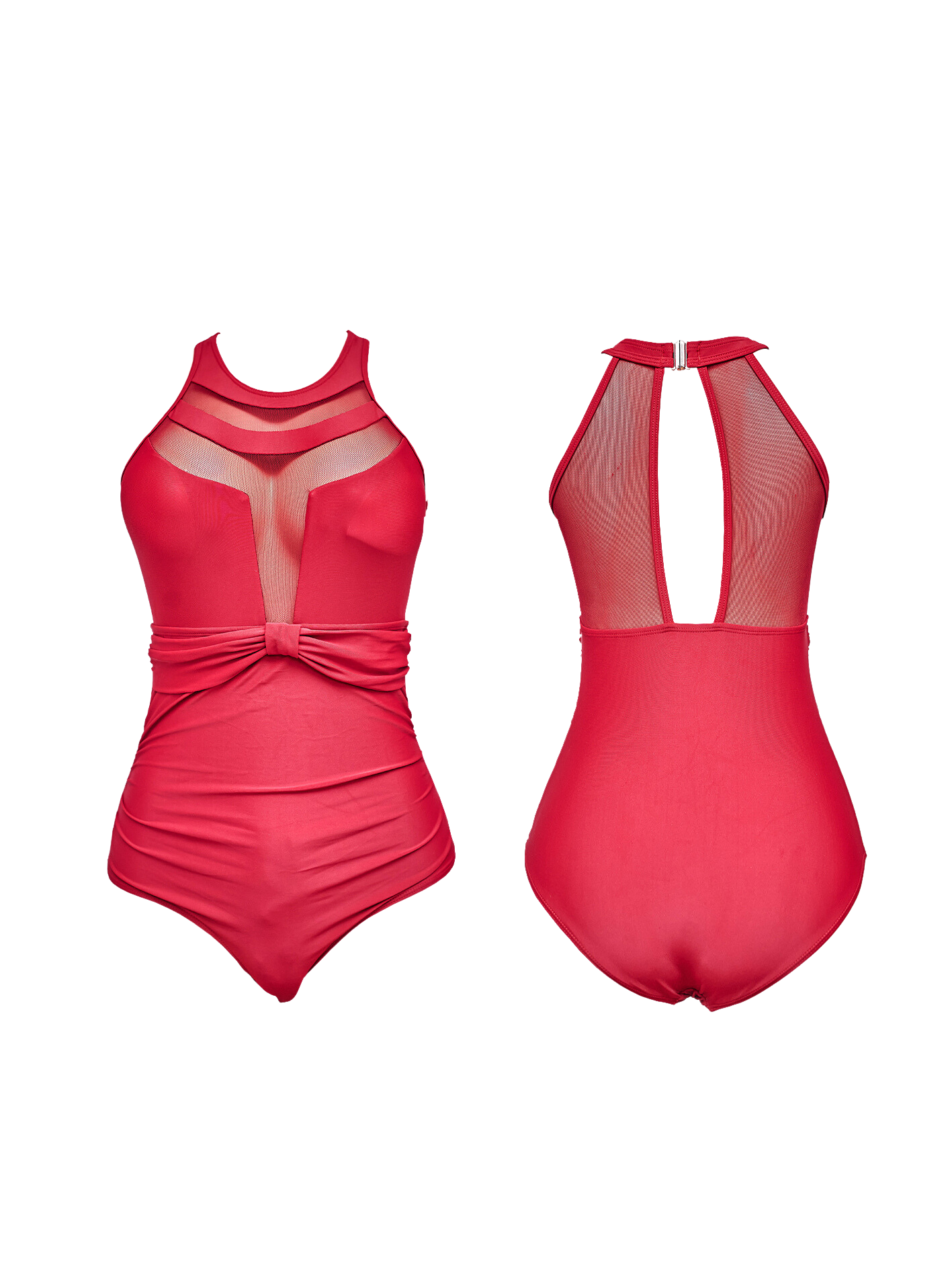 Red Halter Ruched One Piece with Mesh Cutouts