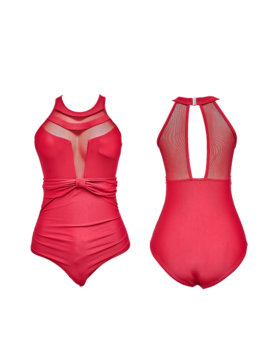 Red Halter Ruched One Piece with Mesh Cutouts