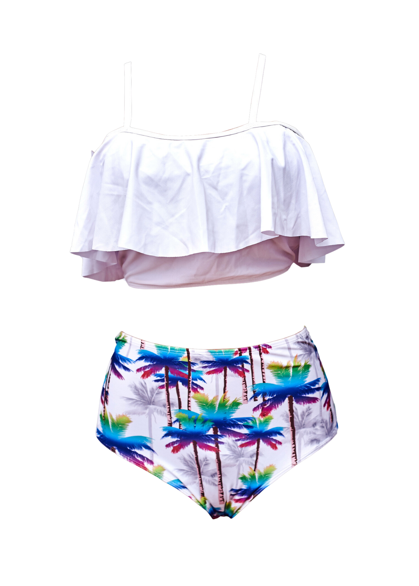 White Top Palm Tree Print Bottoms Bikini