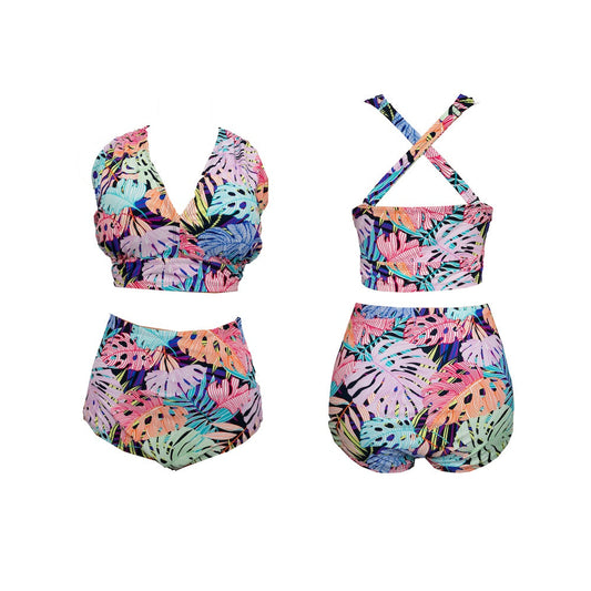 Multicolor Leaf Print Ladder Cutout Bottoms Bikini