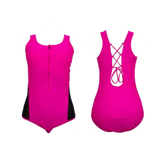 Pink One Piece with Zipper with Black Mesh Sides